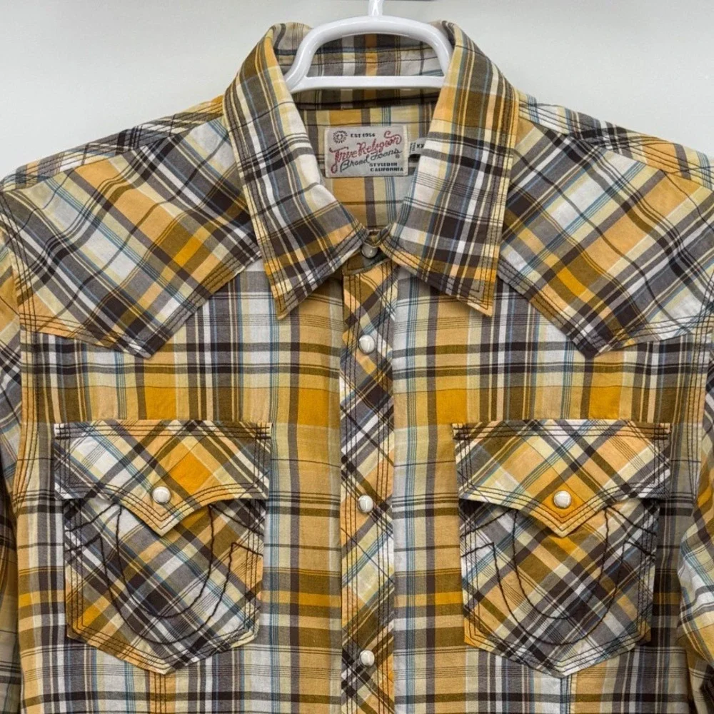 True Religion Mens Rocky Plaid Western Pearl Snap Shirt Yellow Brown XXL Cotton